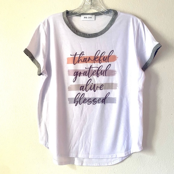 WHITE "THANKFUL GRATEFUL Alive Blessed” graphic print ringer tee, New!🙏🏾 - Picture 5 of 14